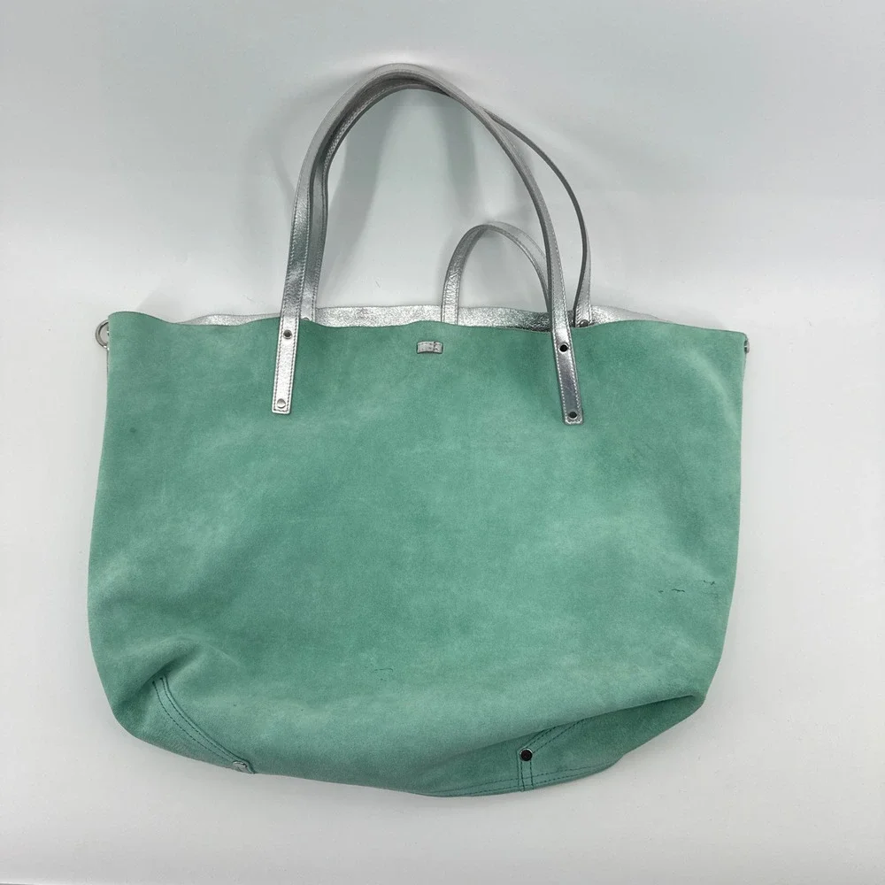 Tiffany & Co Metallic Silver Leather Reversible Tote Bag Tiffany Blue Suede LRG